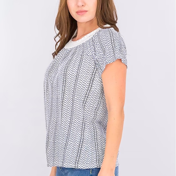 🔥5/$20 Style&co. White Lines Crochet Scoop Neck Trim Flutter Sleeve Top - Picture 2 of 8